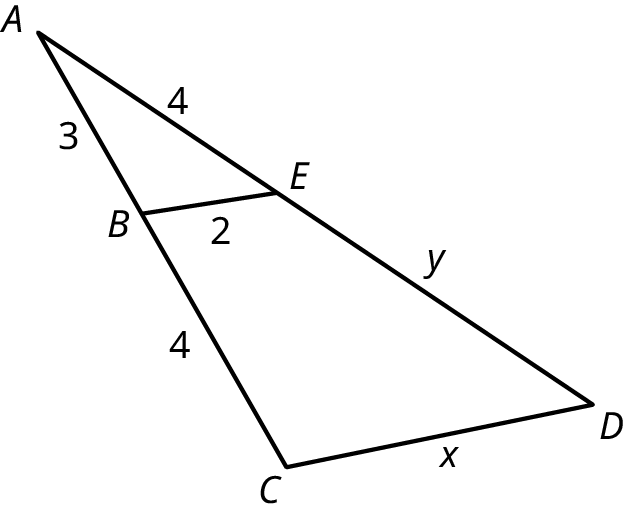 A triangle, A C D with a horizontal line, B E at its center. A B measures 3. A E measures 4. B C measures 4. E D measures y. C D measures x. B E measures 2.