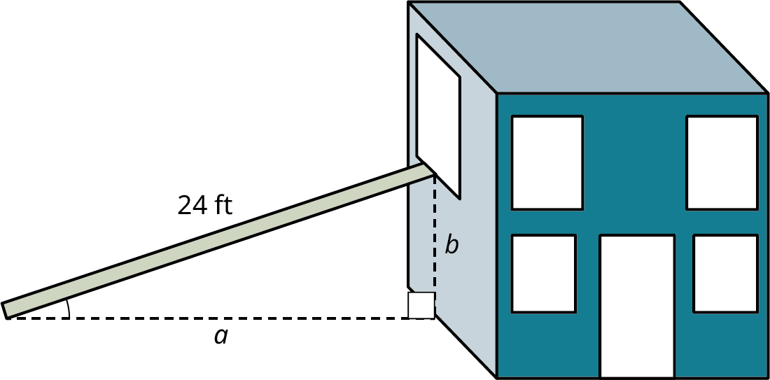 An illustration shows a 34-foot ladder placed against a building at an angle of 30 degrees. The vertical distance from the ladder to the ground is marked b. The horizontal distance from the base of the building to the base of the ladder is a.