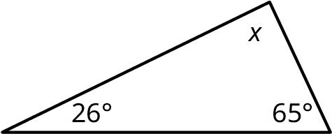 A triangle with its interior angles marked x, 26 degrees, and 65 degrees.