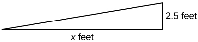 A right-angled triangle is shown with its horizontal leg labeled as x feet and its vertical leg labeled as 2.5 feet. The hypotenuse of the triangle is not labeled.