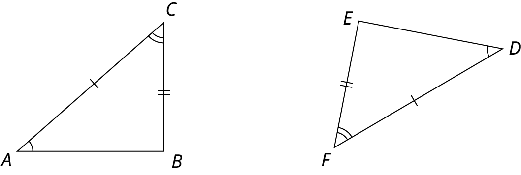 Two triangles, A B C and D E F. Angles A is congruent to angle D. Angle C is congruent to angle F. The side, A C is congruent to the side, D F. The side, B C is congruent to the side, E F.