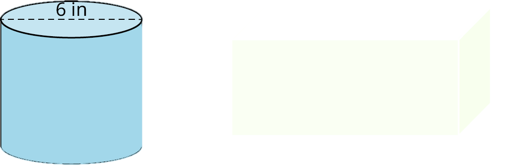 A cylinder and a prism. The diameter and height of the cylinder are marked 6 inches and 8 inches. The length, width, and height of the rectangular prism are marked 10 inches, 8 inches, and 4 inches.