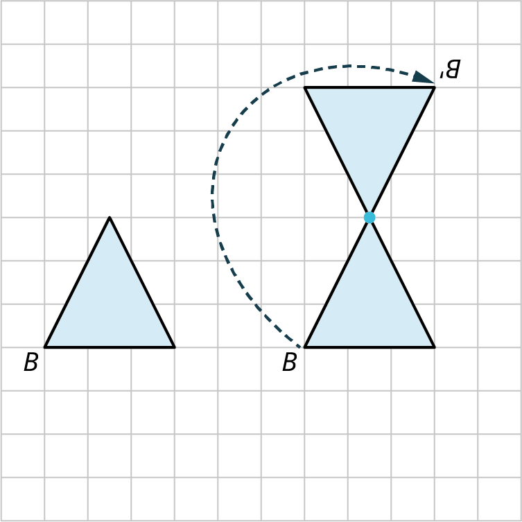 Two figures are plotted on a rectangular grid. The first figure is a triangle with its bottom-left vertex marked B. Each side measures 3 units. The second figure is a triangle with its bottom-left vertex marked B. Each side measures 3 units. A point is marked at the top vertex. The triangle is rotated 180 degrees about point B and in the new triangle, the vertex is marked B prime.