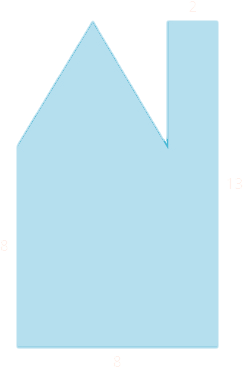 A geometric shape is shown. It is a rectangle with a triangle and another rectangle attached. The left side is labeled 8, the bottom is 8, the right side is 13, and the width of the smaller rectangle is 2.