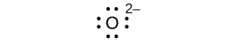 A Lewis dot diagram shows the symbol for oxygen, O, surrounded by eight dots and a superscripted two negative sign.