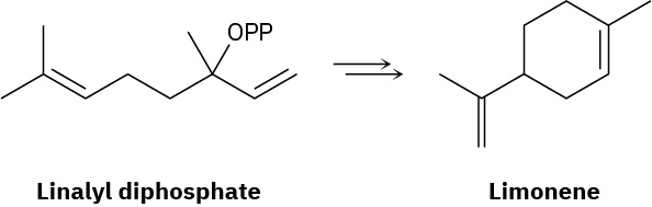 The conversion reaction of linalyl diphosphate to limonene. Linalyl diphosphate comprises 8-carbon chain with double bonds at C1 and C6 and O P P at C3. Limonene is cyclic.