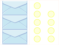 This image has two columns. In the first column there are three envelopes. In the second column there are two vertical rows. The first row includes five blue circles, the second row includes four blue circles.