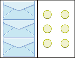Three light blue envelopes are stacked vertically on the left side of a white background, while six light yellow circular tokens are arranged in two columns of three on the right.