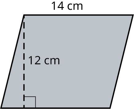 A parallelogram with its base marked 14 centimeters and height marked 12 centimeters.