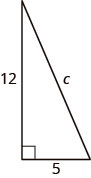 The image shows a right triangle. The number 5 is written on the base and the number 12 is written on the vertical leg. The hypotenuse is labeled c.
