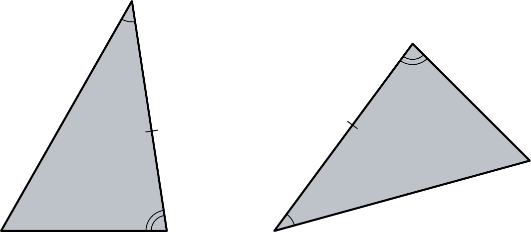 Two triangles. The top angle of the first triangle and the bottom-left angle of the second triangle are congruent. The bottom-right angle of the first triangle is congruent to the top angle of the second triangle. The right side of the first triangle is congruent with the left side of the second triangle.