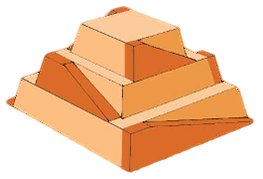 A model of a step pyramid is shown with ramps along the sides of each step.