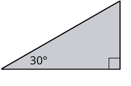 A right triangle. The legs are labeled a and b. The hypotenuse is labeled 5. The angles at the bottom-left and bottom-right are labeled 30 degrees and 90 degrees.