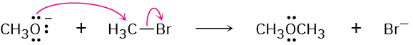 A methoxide ion reacts with methyl bromide to form dimethyl ether and a bromide ion. Two arrows depict the movement of electrons, originating from the methoxide oxygen.