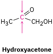 The structure of hydroxyacetone. Two arrows, one from the top and other from the bottom, point toward the central carbon.