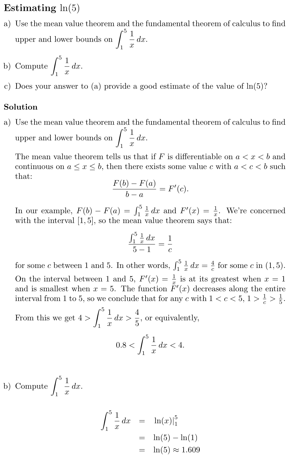 Answer Estimating ln(5)