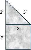 This figure shows a marble sculpture in the form of a square with a right triangle resting on top of it. The sides of the square are x inches long, the legs of the triangle are x and two inches long, and the hypotenuse of the triangle is five inches long.