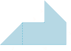 A geometric shape is shown. It is composed of two trapezoids. The base is labeled 10. The height of one trapezoid is 2. The horizontal and vertical sides are all labeled 5.