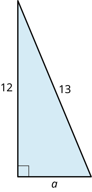 A right triangle with its legs marked 12 and a. The hypotenuse is marked 13.