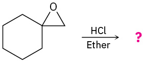 1-Oxaspiro[2.5]octane reacts with hydrochloric acid and an ether to form an unknown product(s), depicted by a question mark.