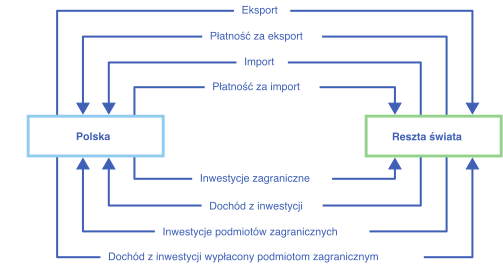 Ilustracja przedstawia przepływy dóbr i usług (w tym czynników produkcji) oraz płatności za te dobra i usługi pomiędzy krajem macierzystym (ramka z lewej) a resztą świata (ramka z prawej). Kraj macierzysty przekazuje za granicę dobra i usługi w ramach eksportu, płatności za importowane produkty, inwestycje zagraniczne dokonywane na terenie reszty świata i dochody z inwestycji podmiotów zagranicznych dokonywanych w tym kraju. Reszta świata przekazuje z kolei do macierzystego kraju płatności za eksport, dobra i usługi w ramach importu, dochody z inwestycji podmiotów z kraju macierzystego dokonanych poza granicami oraz inwestycje dokonywane przez podmioty zagraniczne na terenie kraju macierzystego.