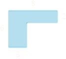 A blue geometric shape is shown. It looks like a horizontal rectangle attached to a vertical rectangle. The top is labeled as 8, the width of the horizontal rectangle is labeled as 2. The side is labeled as 6, the width of the vertical rectangle is labeled as 3.
