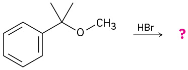 2-methoxy-2-phenylpropane reacts with hydrogen bromide to form unknown product(s), depicted by a question mark.