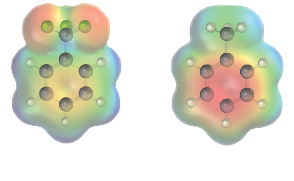 Electrostatic potential maps constituting the ball-and-stick models of (trifluoromethyl)benzene and toluene show redness around fluorine atoms and in the ring region, respectively.