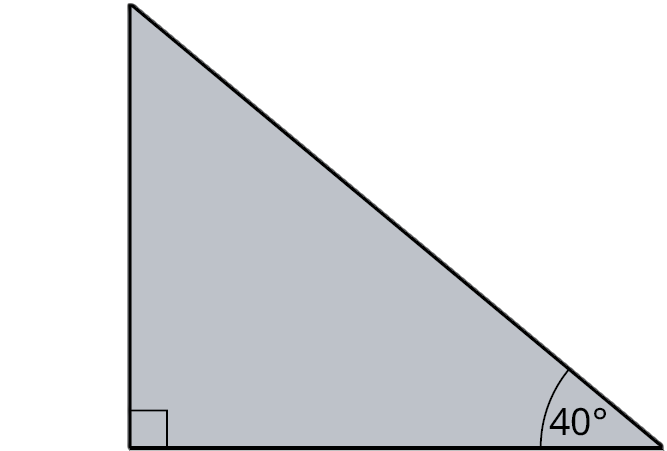 A right triangle. The legs are labeled 7.5 centimeters and unknown. The hypotenuse is labeled c. The angles at the bottom-left and bottom-right are 90 degrees and 40 degrees.