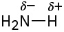 The chemical structure of ammonia with a delta minus charge on nitrogen and a delta plus charge on hydrogen.