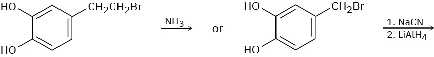 4-(2-Bromoethyl)benzene-1,2-diol reacts with ammonia or 4-(bromomethyl)benzene-1,2-diol reacts with sodium cyanide, then lithium aluminum hydride.