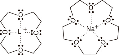 Two crown ethers: 12-crown-4 is shown with an associated lithium cation, and 15-crown-5 is shown with an associated sodium cation.
