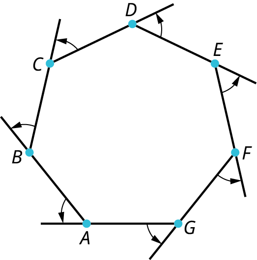 A heptagon, A B C D E F G. The exterior angles are marked at each vertex.