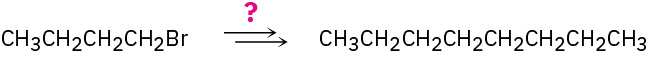 1-bromobutane reacts with an unknown reactant represented by a question mark to form octane.