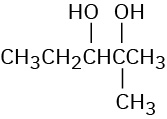 The condensed structural formula has a 5-carbon chain. C2 is bonded to a hydroxyl group and a methyl group. C3 is bonded to a hydroxyl group.