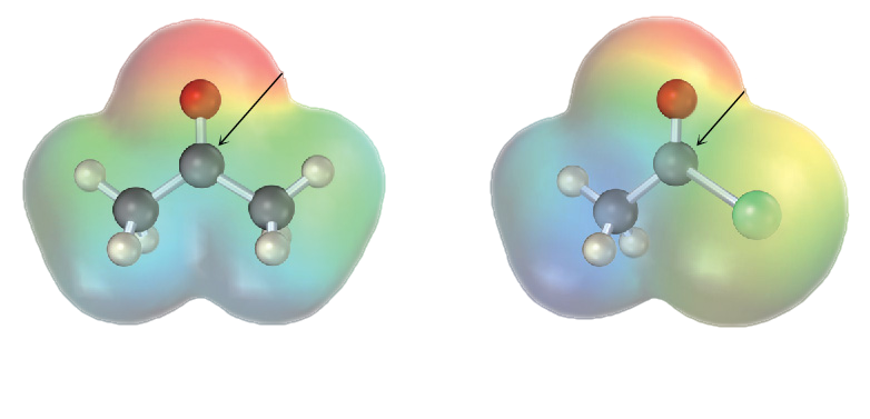 The ball-and-stick model in electrostatic potential maps of acetone (ketone) and acetyl chloride (acid chloride). An arrow points toward the carbon atom that is bonded with oxygen.