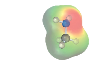 The chemical structure and ball stick model of methylamine, plus an electron density map showing highest density near nitrogen.