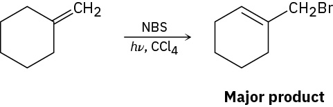 The reaction of methylenecyclohexane with N-bromosuccinimide, light, and carbon tetrachloride forms 1-(bromomethyl)cyclohexene as the major product.