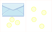 The image is divided in half vertically. On the left side is an envelope with three counters below it. On the right side is 4 counters.