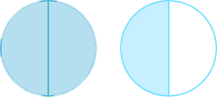 Two circles are shown. Both are divided into two equal pieces. The circle on the left has both pieces shaded. The circle on the right has one piece shaded.