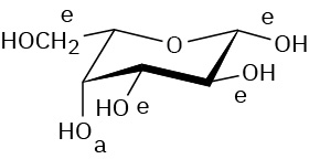 Structure of beta-L-galactopyranose with an axial OH at C 4 and three equatorial O H groups at C 1, C 2 and C 3.
