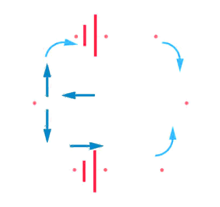 The diagram shows a complex circuit with two voltage sources E sub one and E sub two, and three resistive loads, wired in two loops and two junctions. Several points on the diagram are marked with letters a through h. The current in each branch is labeled separately.
