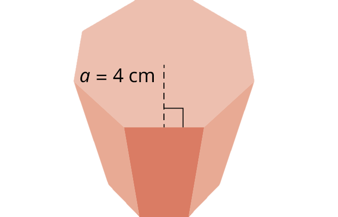 An octagonal prism. One of the sides of the octagon is labeled w equals 3 centimeters. The apothem is labeled a equals 4 centimeters. The height of the prism is labeled h equals 10 centimeters.