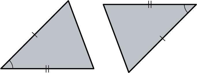 Two triangles. The bottom-left of the first triangle is congruent with the top-right angle of the second triangle. The left side of the first triangle is congruent with the right side of the second triangle. The bottom side of the first triangle is congruent with the top side of the second triangle.