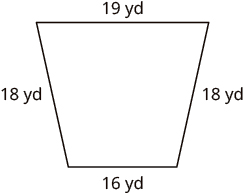 A trapezoid with horizontal top length of 19 yards, the side lengths are 18 yards and are diagonal, and the horizontal bottom length is 16 yards.