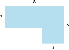 A geometric shape is shown, formed by two rectangles. The top is labeled 8. The width of the top rectangle is labeled 3. The right side of the figure is labeled 5. The width of the bottom rectangle is labeled 3.