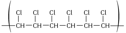 The polymer enclosed in parentheses shows a chain of six C-H groups. Each carbon is bonded to a chlorine atom.