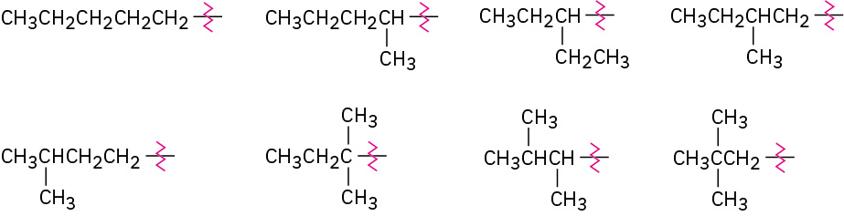 The molecular structures of eight pentyl isomers are represented.