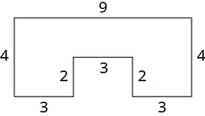 This image includes 8 sides. Side one on the left is labeled 4 inches, side 2 on the top is labeled 9 inches, side 3 on the right is labeled 4 inches, side 4 is labeled 3 inches, side 5 is labeled 2 inches, side 6 is labeled 3 inches, side 7 is labeled 2 inches, and side 8 is labeled 3 inches.
