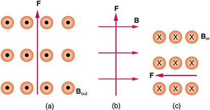 Figure a shows the force vector pointing up and B out of the page. Figure b shows the F vector pointing up and the B vector pointing to the right. Figure c shows the F vector pointing to the left and the B vector pointing into the page.